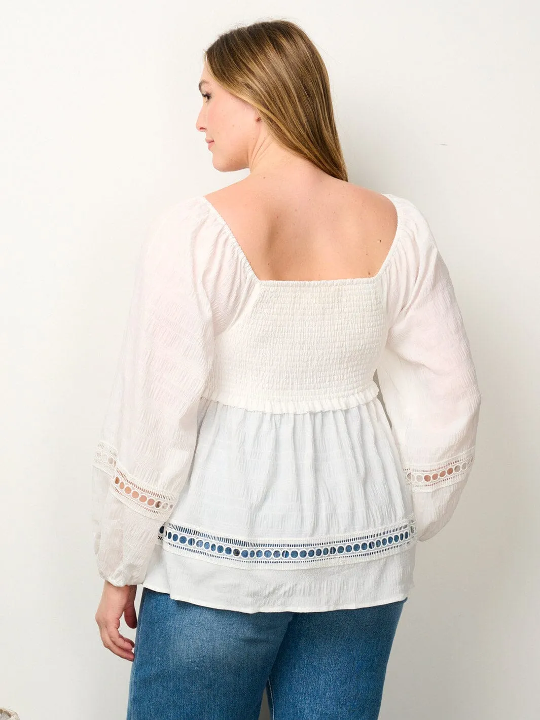 PLUS SIZE LONG SLEEVE SMOCK EYELET DETAILED BLOUSE TOP