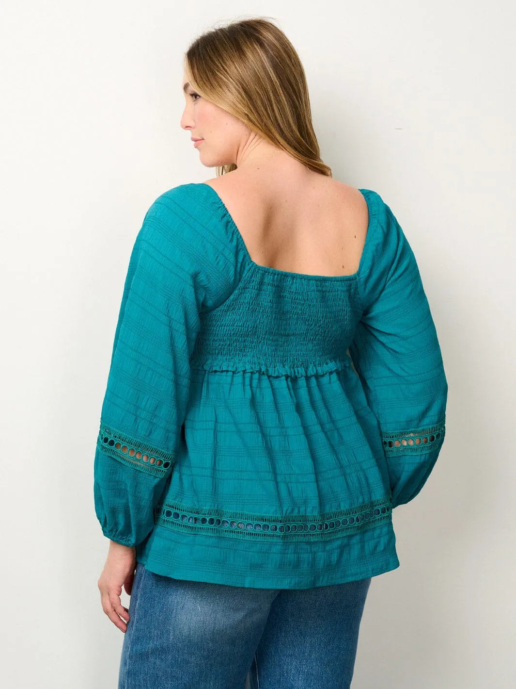 PLUS SIZE LONG SLEEVE SMOCK EYELET DETAILED BLOUSE TOP