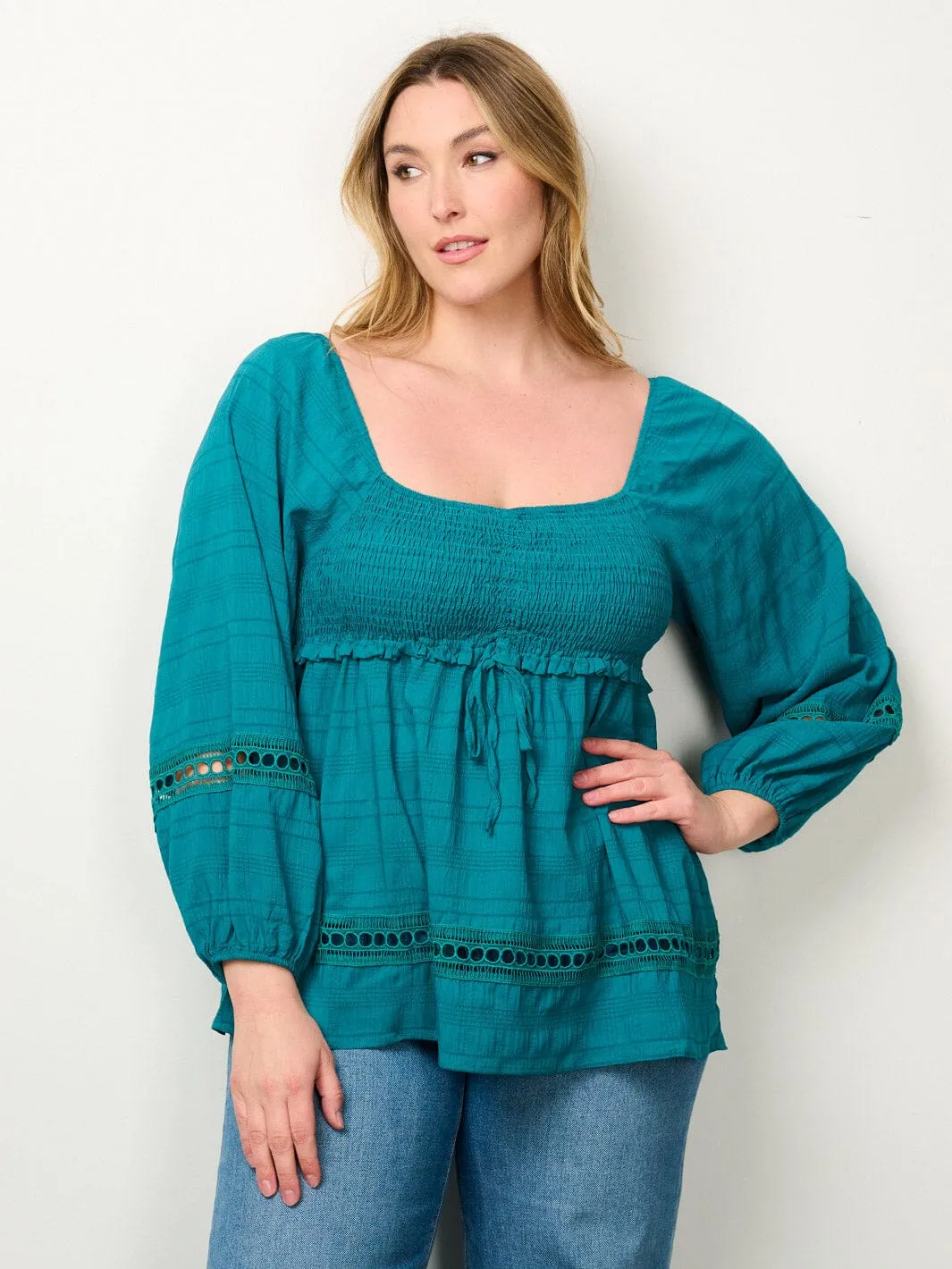 PLUS SIZE LONG SLEEVE SMOCK EYELET DETAILED BLOUSE TOP