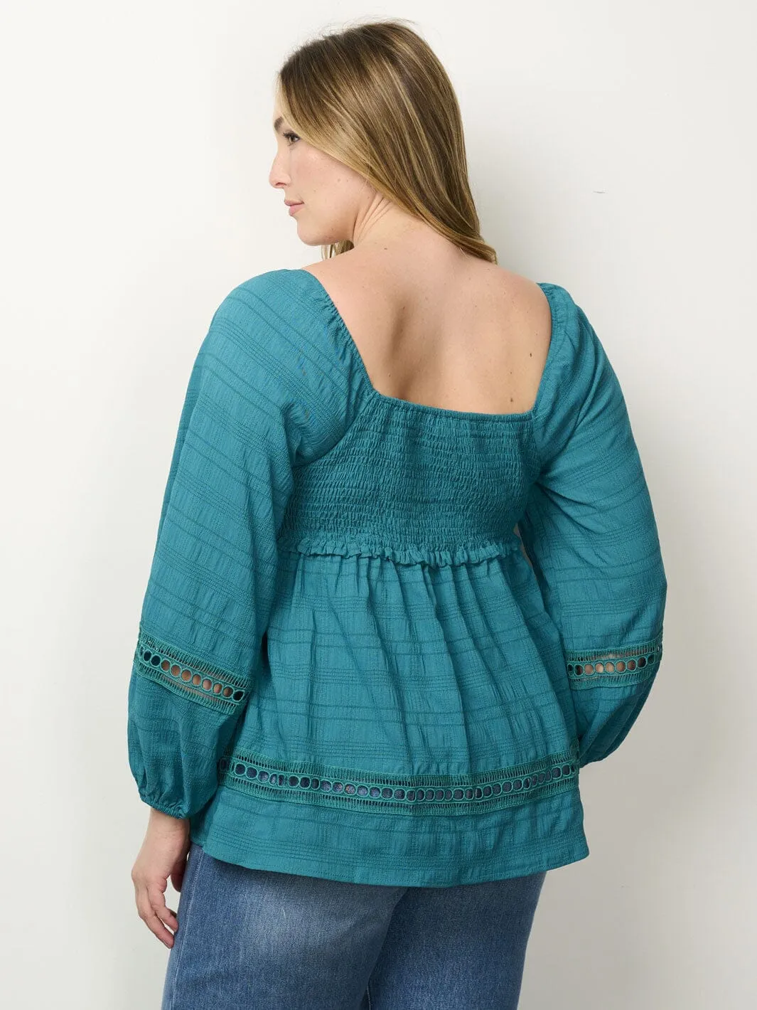 PLUS SIZE LONG SLEEVE SMOCK EYELET DETAILED BLOUSE TOP