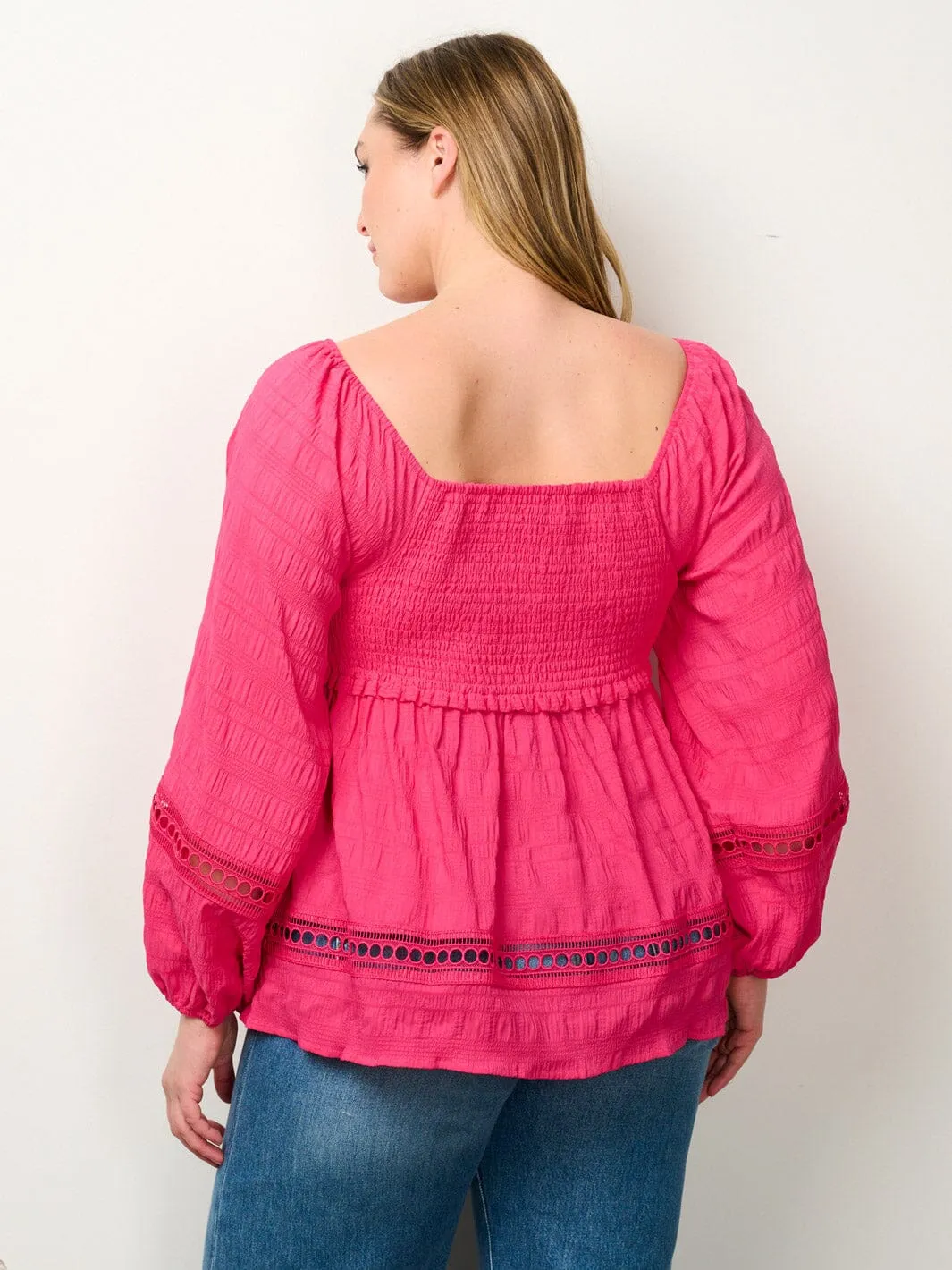 PLUS SIZE LONG SLEEVE SMOCK EYELET DETAILED BLOUSE TOP