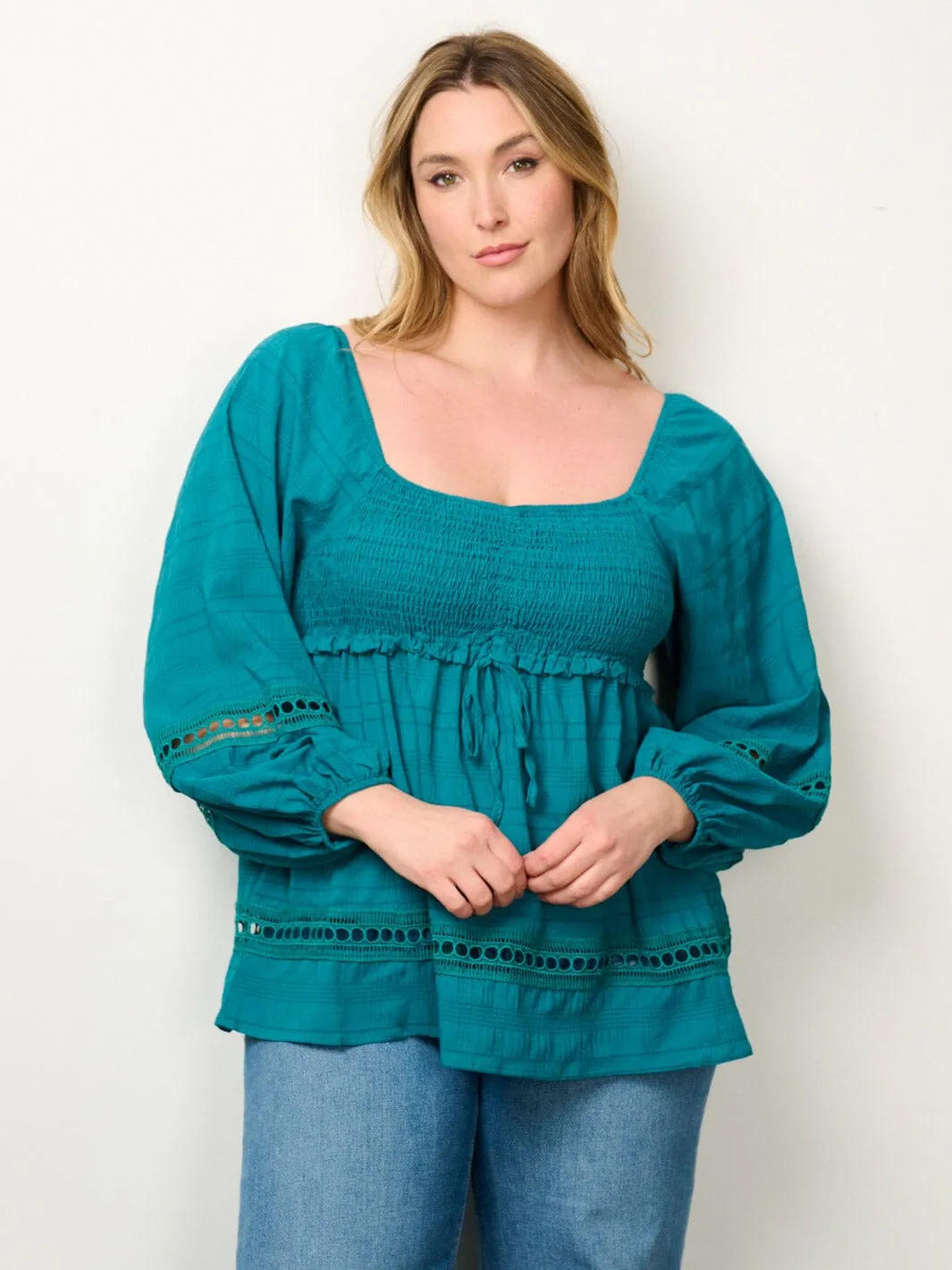 PLUS SIZE LONG SLEEVE SMOCK EYELET DETAILED BLOUSE TOP