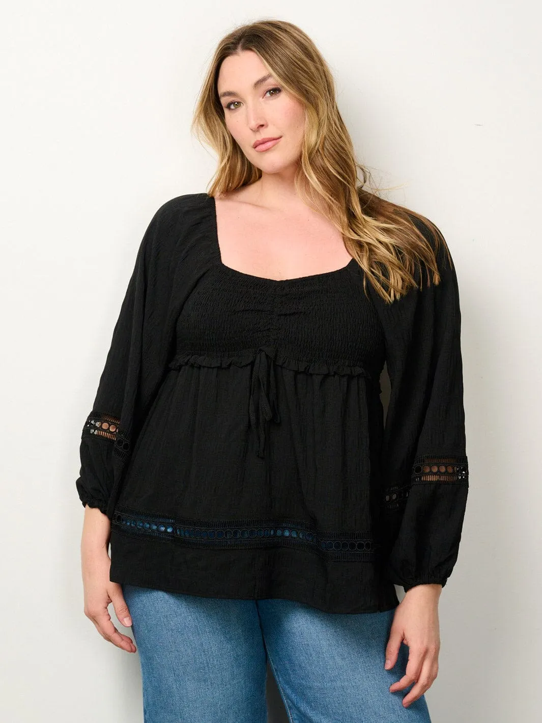 PLUS SIZE LONG SLEEVE SMOCK EYELET DETAILED BLOUSE TOP