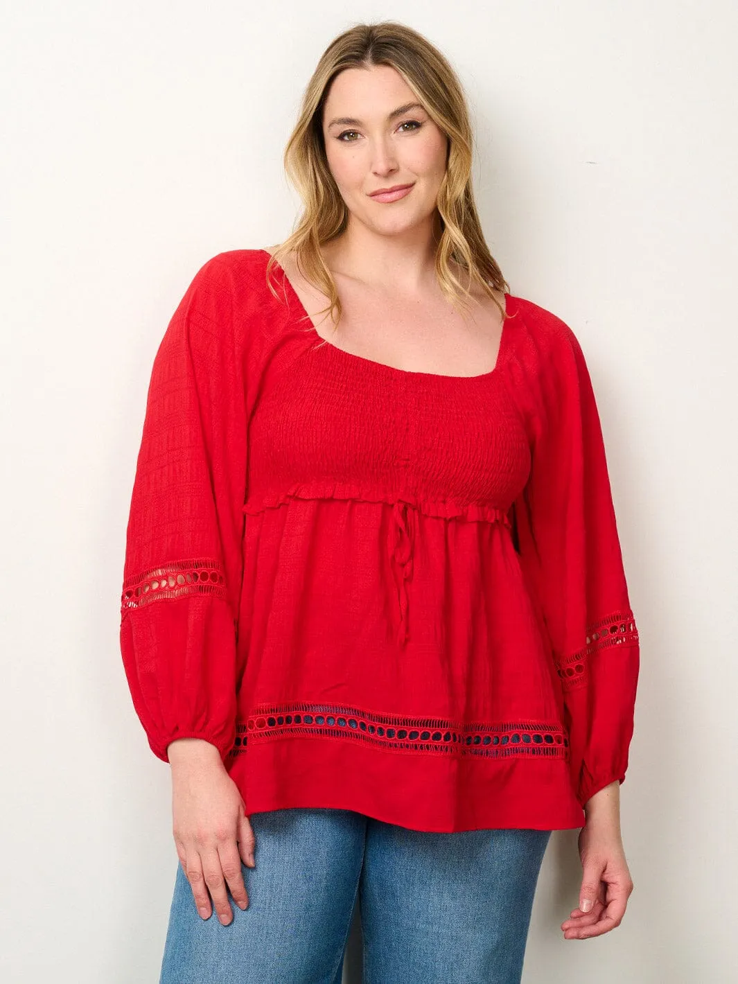 PLUS SIZE LONG SLEEVE SMOCK EYELET DETAILED BLOUSE TOP