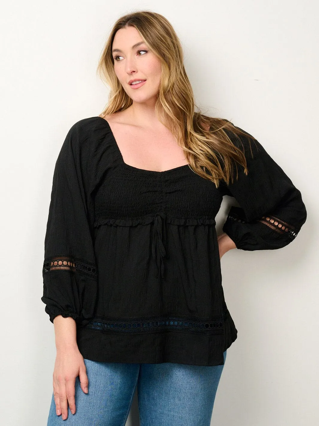 PLUS SIZE LONG SLEEVE SMOCK EYELET DETAILED BLOUSE TOP
