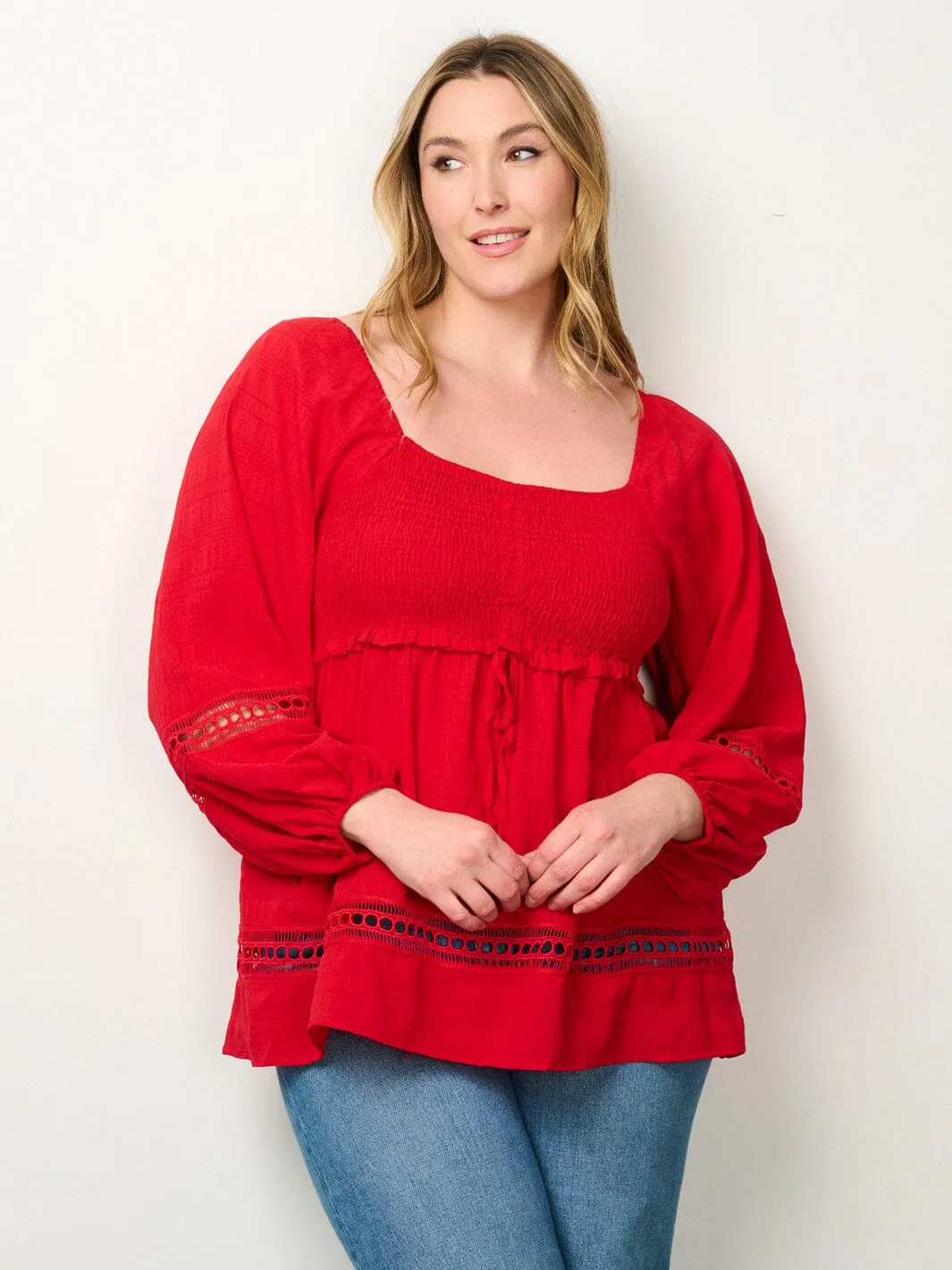 PLUS SIZE LONG SLEEVE SMOCK EYELET DETAILED BLOUSE TOP