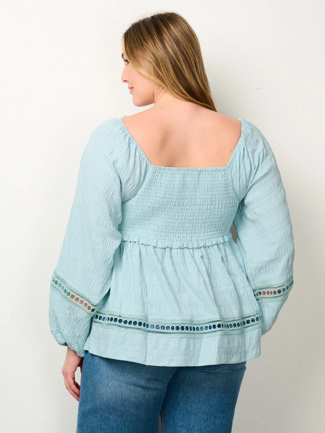 PLUS SIZE LONG SLEEVE SMOCK EYELET DETAILED BLOUSE TOP