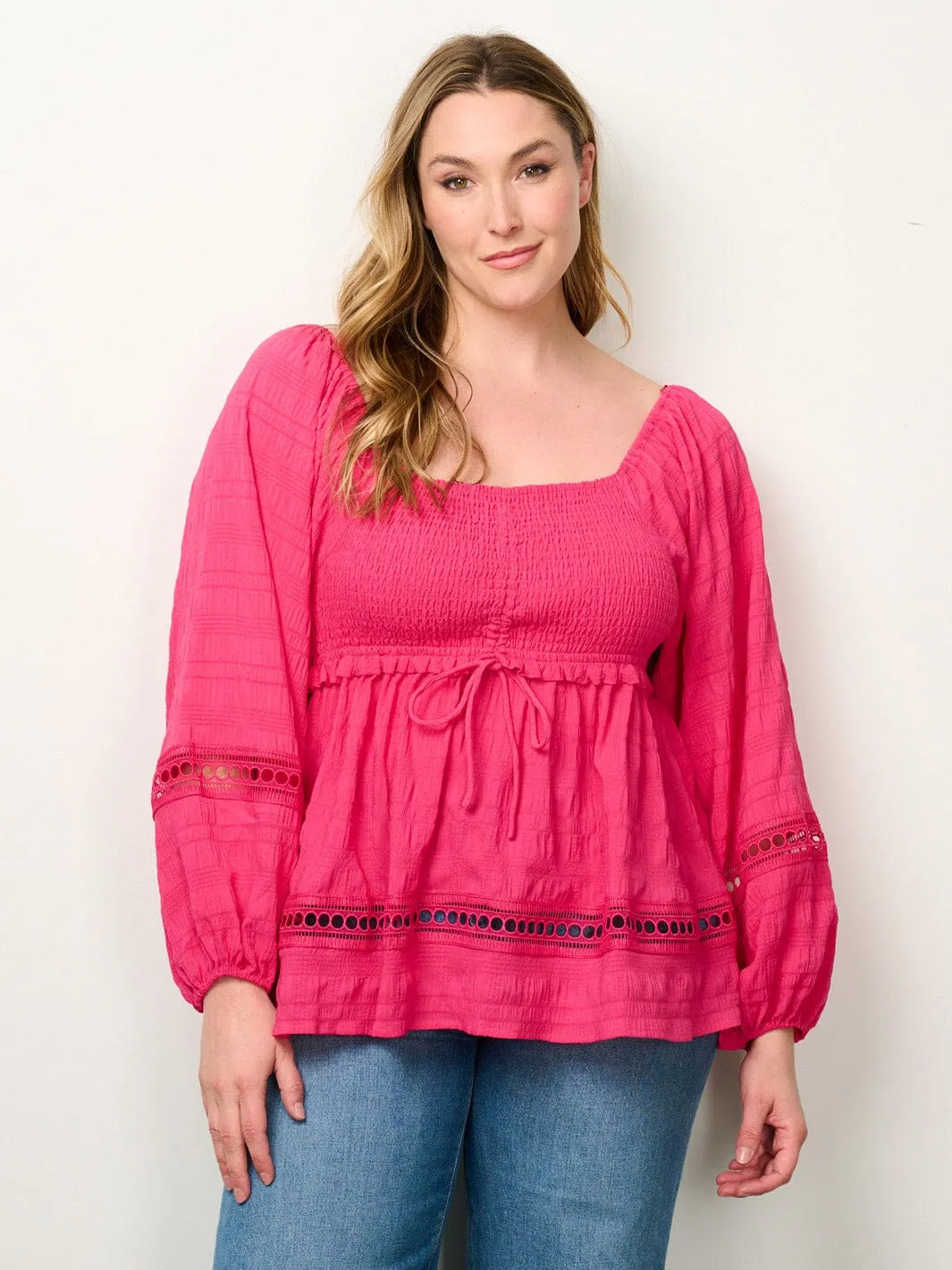 PLUS SIZE LONG SLEEVE SMOCK EYELET DETAILED BLOUSE TOP