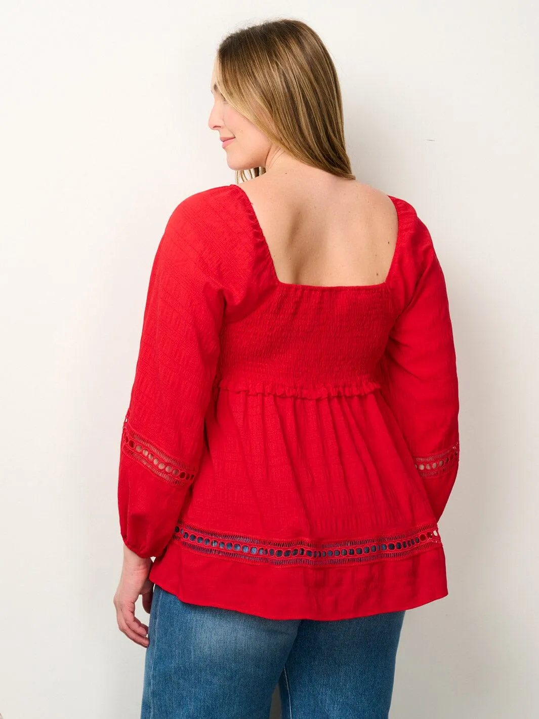 PLUS SIZE LONG SLEEVE SMOCK EYELET DETAILED BLOUSE TOP