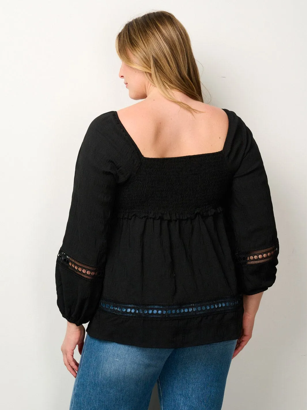 PLUS SIZE LONG SLEEVE SMOCK EYELET DETAILED BLOUSE TOP