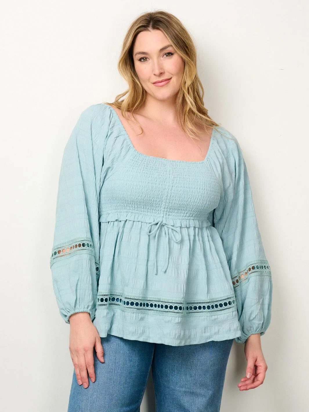 PLUS SIZE LONG SLEEVE SMOCK EYELET DETAILED BLOUSE TOP