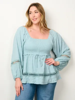 PLUS SIZE LONG SLEEVE SMOCK EYELET DETAILED BLOUSE TOP