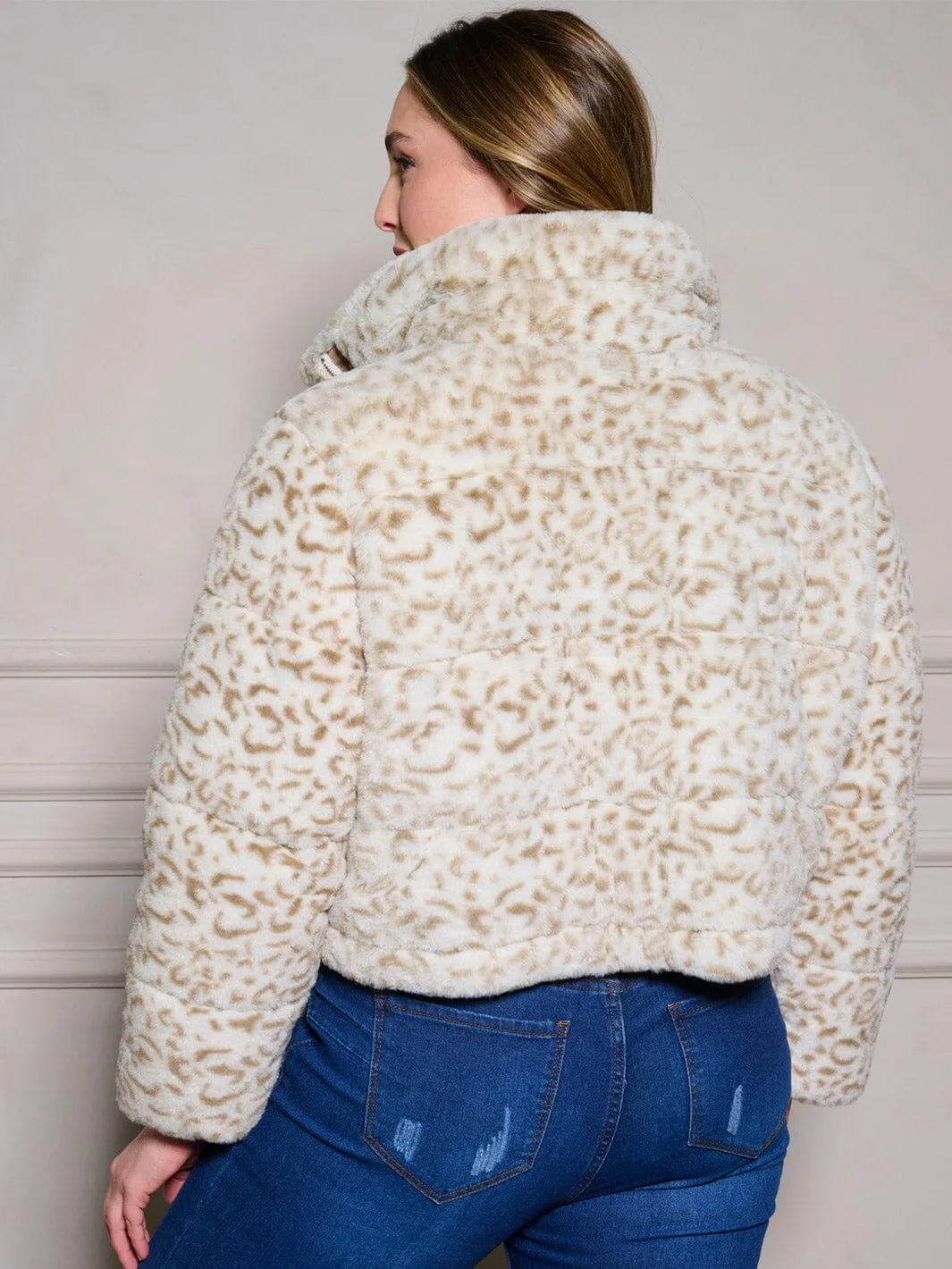 PLUS SIZE LONG SLEEVE ZIP UP POCKETS ANIMAL PRINT SHERPA JACKET