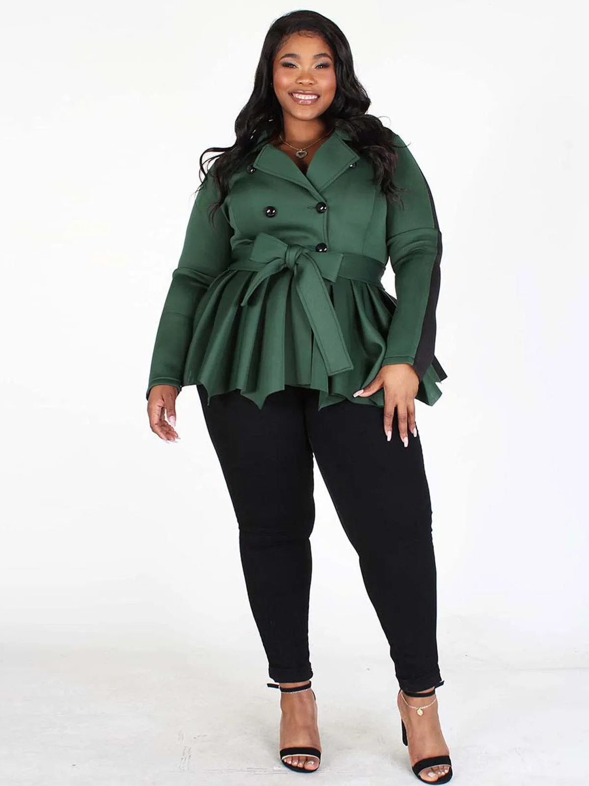 PLUS SIZE LONG SLEEVES BUTTON CLOSURE PEPLUM COLORBLOCK JACKET