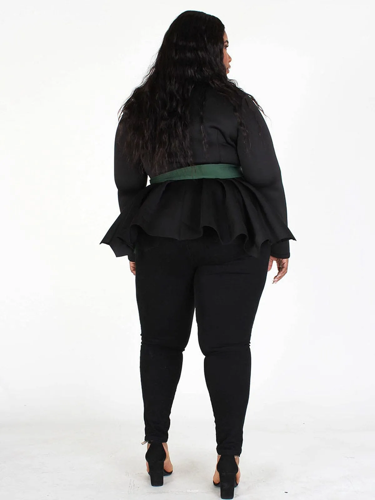 PLUS SIZE LONG SLEEVES BUTTON CLOSURE PEPLUM COLORBLOCK JACKET