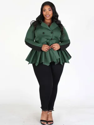 PLUS SIZE LONG SLEEVES BUTTON CLOSURE PEPLUM COLORBLOCK JACKET