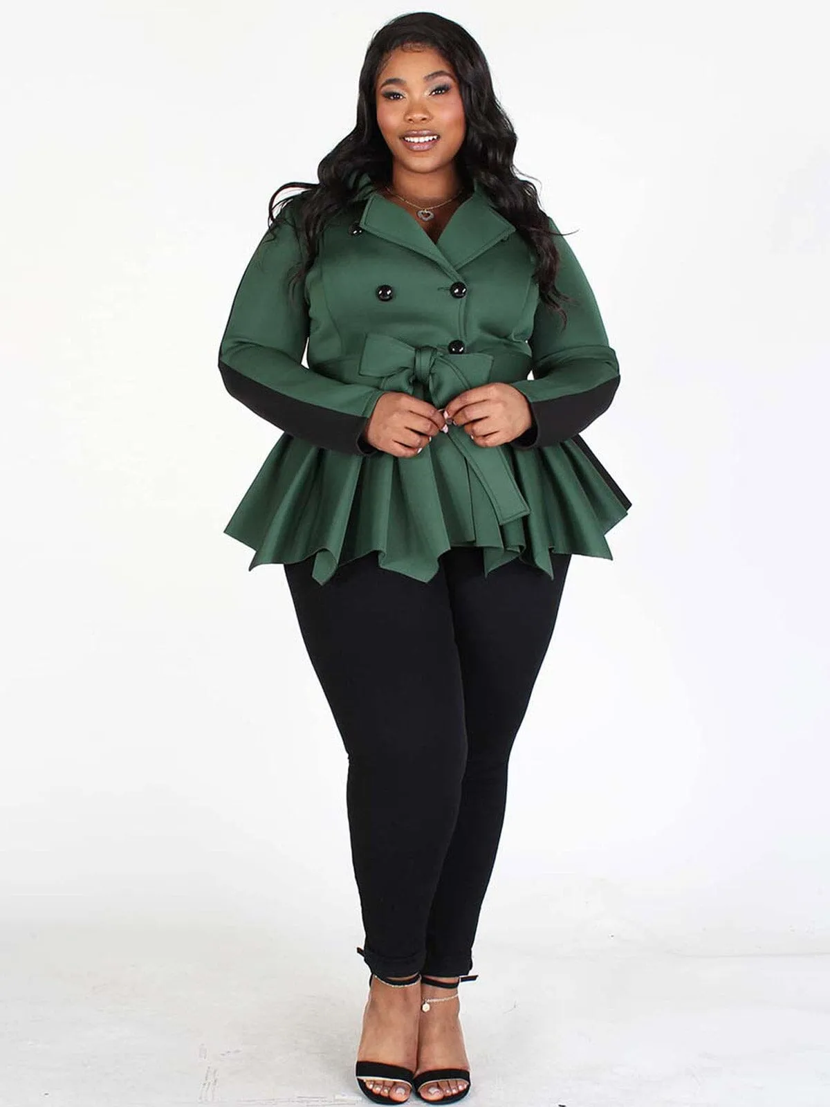 PLUS SIZE LONG SLEEVES BUTTON CLOSURE PEPLUM COLORBLOCK JACKET