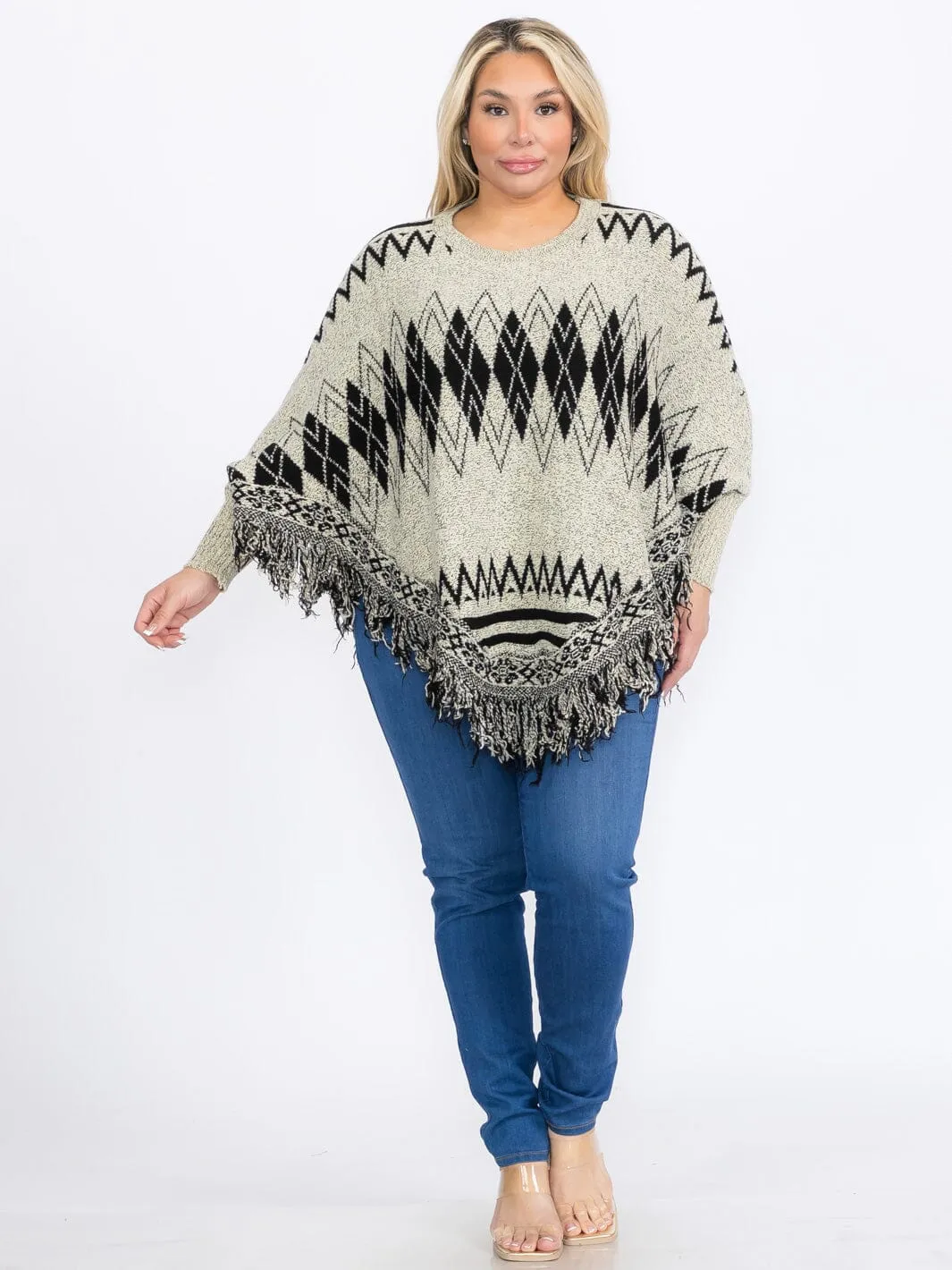 PLUS SIZE LONG SLEEVES PULLOVER COLORBLOCK PRINTED PONCHO