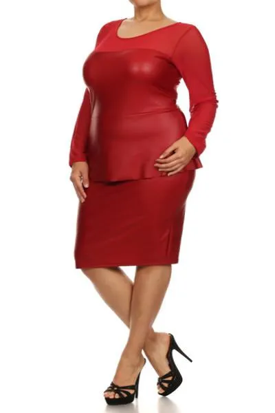 Plus Size Mesh Long Sleeve Leather Peplum Dress