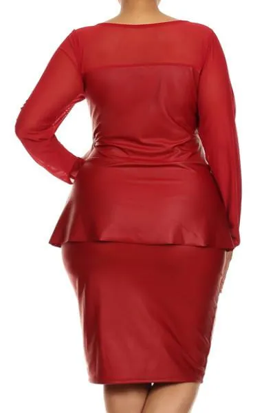 Plus Size Mesh Long Sleeve Leather Peplum Dress
