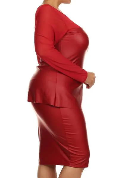 Plus Size Mesh Long Sleeve Leather Peplum Dress