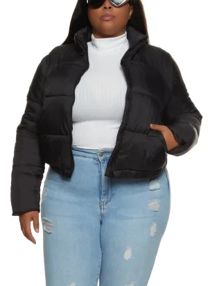 Plus Size Nylon Mock Neck Puffer Jacket