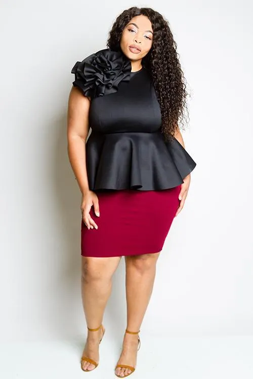 Plus Size Peplum Top with Flower Detail