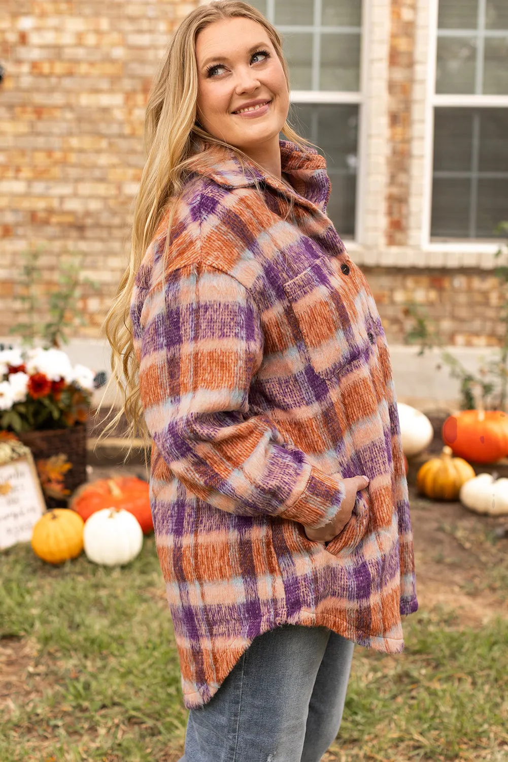 Plus Size Plaid Print Collared Jacket