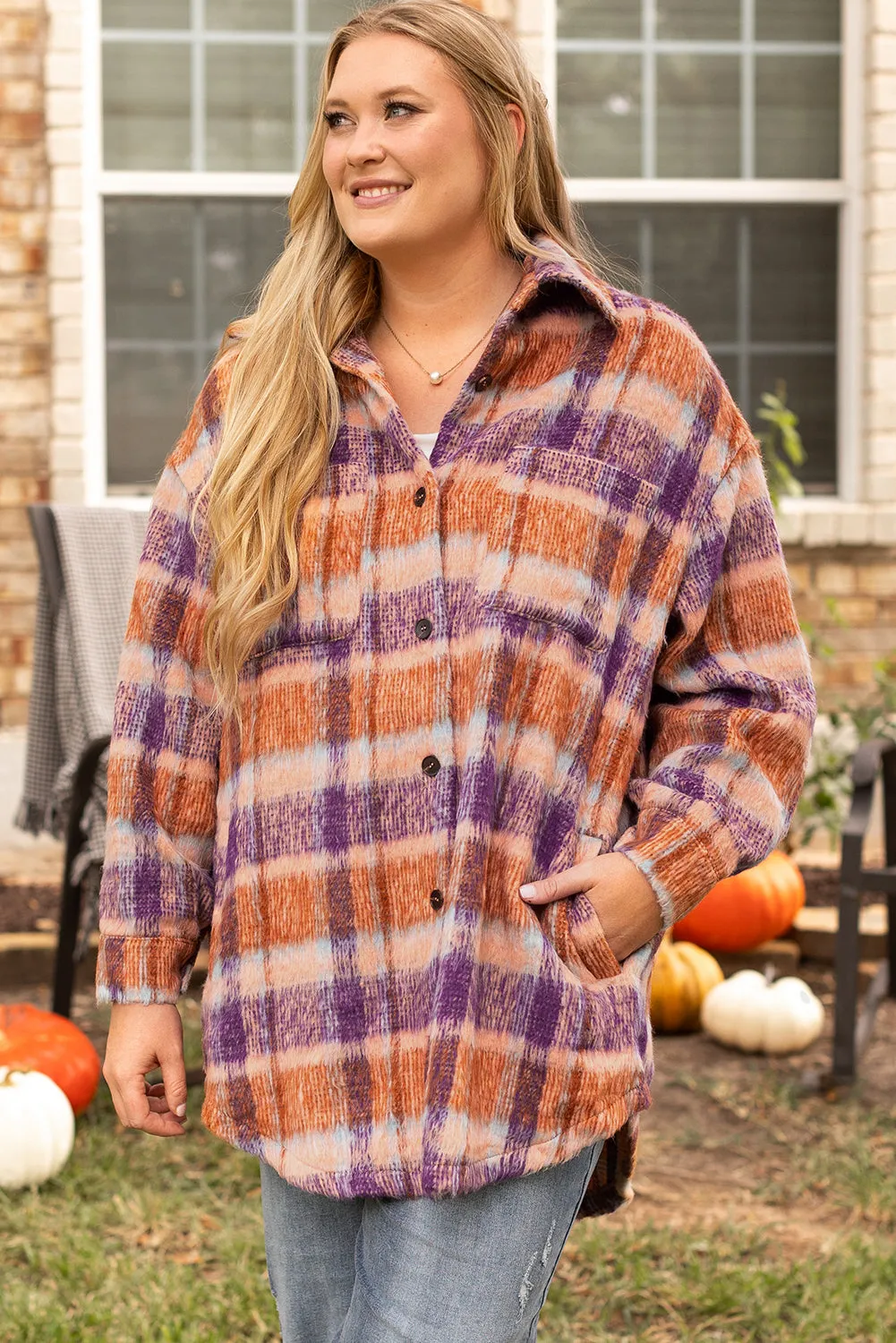 Plus Size Plaid Print Collared Jacket