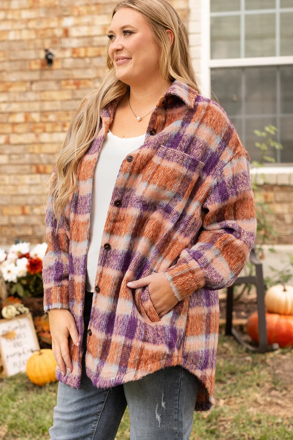 Plus Size Plaid Print Collared Jacket