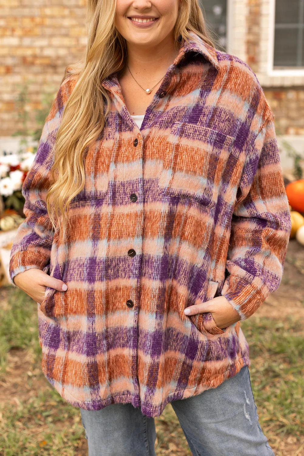 Plus Size Plaid Print Collared Jacket