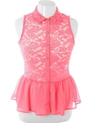 Plus Size See Through Lace Peplum Pink Button Up