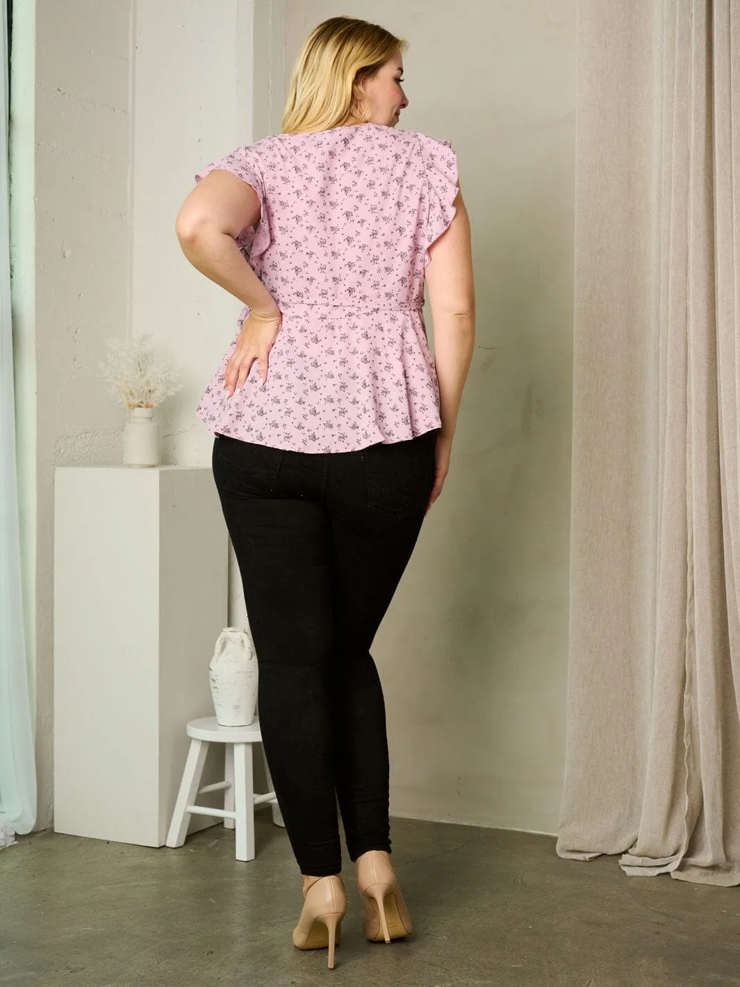 PLUS SIZE SHORT SLEEVE FLORAL SURPLICE PEPLUM BLOUSE TOP