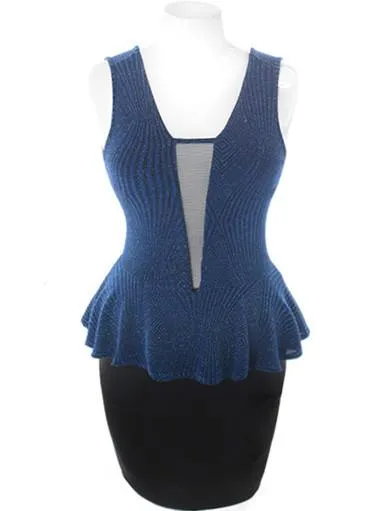 Plus Size Sparkling Scuba Mesh Peplum Blue Dress