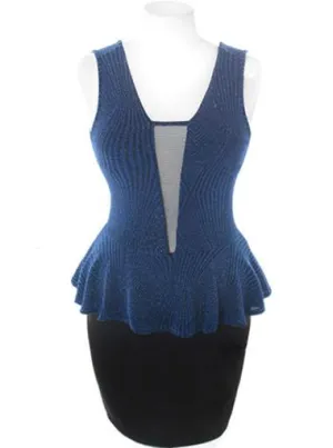 Plus Size Sparkling Scuba Mesh Peplum Blue Dress