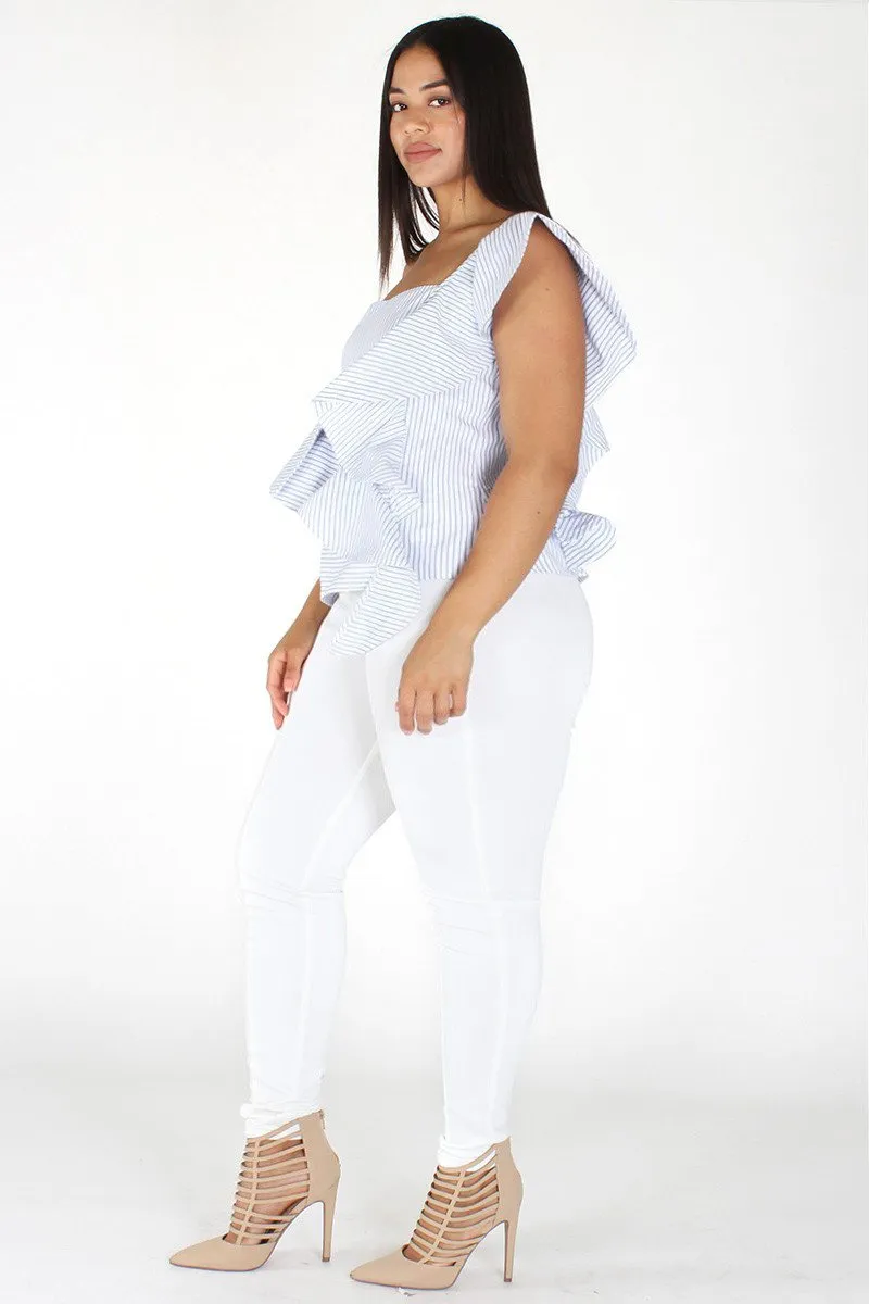 Plus Size Summer BAE Ruffled Seersucker Stripe Peplum Top