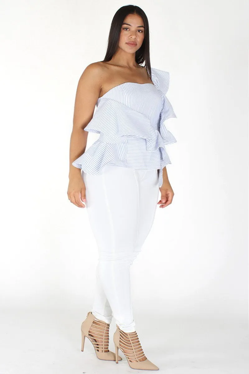 Plus Size Summer BAE Ruffled Seersucker Stripe Peplum Top