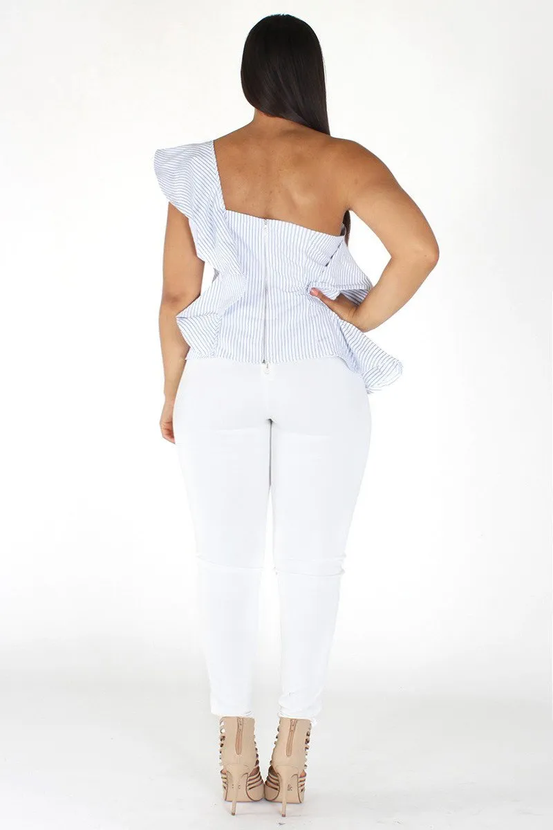 Plus Size Summer BAE Ruffled Seersucker Stripe Peplum Top