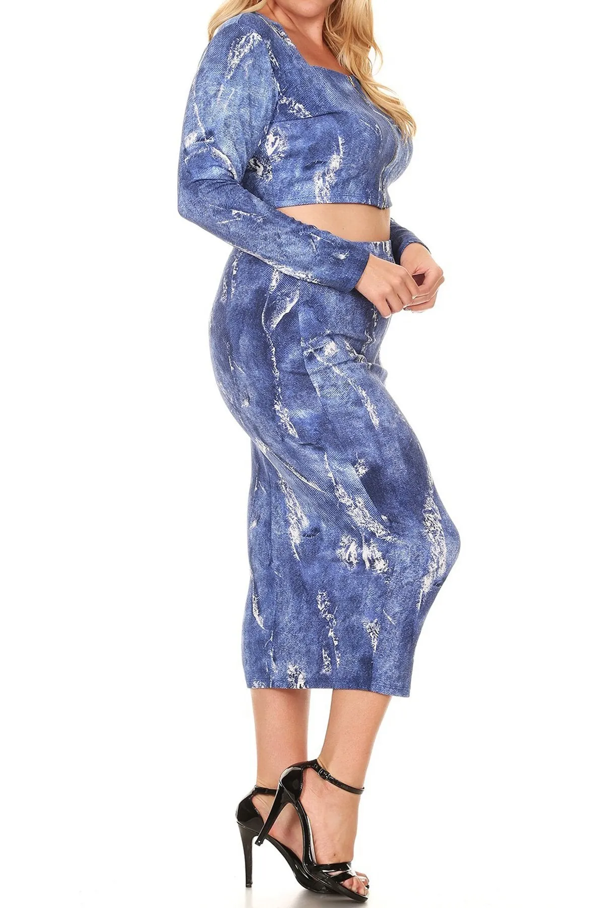 Plus Size Two Piece Zipper Back Denim Print Skirt Set