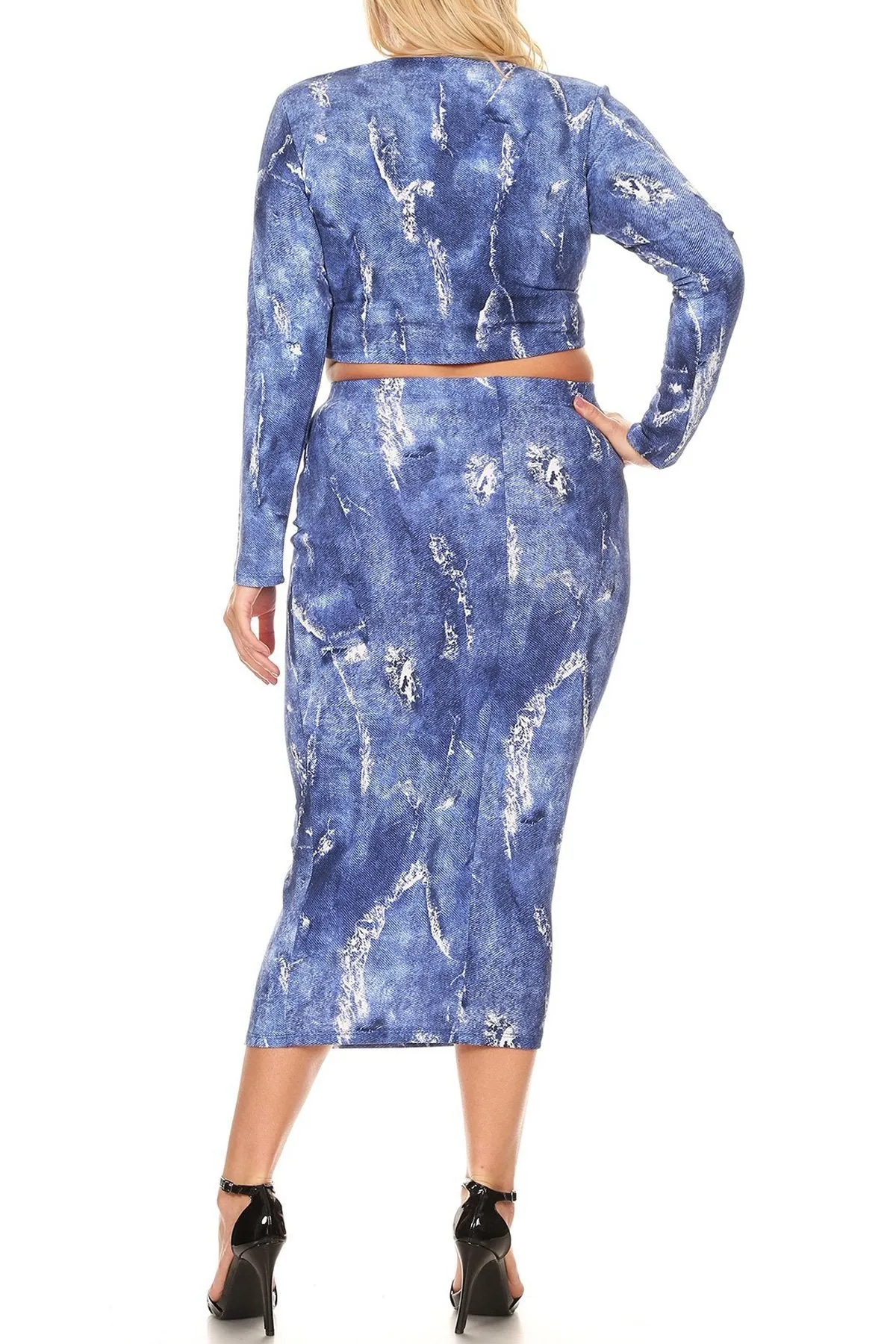 Plus Size Two Piece Zipper Back Denim Print Skirt Set