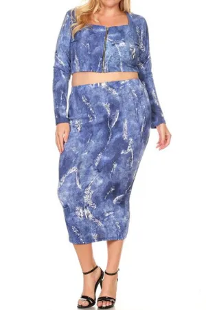 Plus Size Two Piece Zipper Back Denim Print Skirt Set