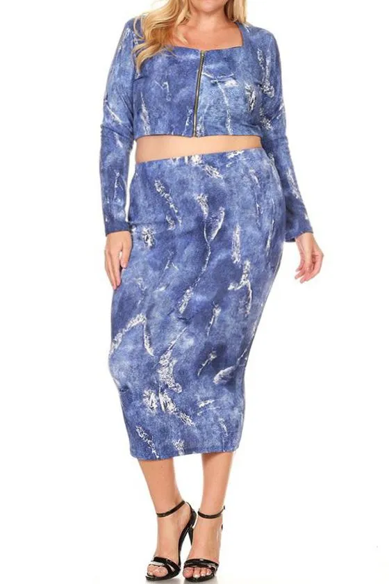Plus Size Two Piece Zipper Back Denim Print Skirt Set
