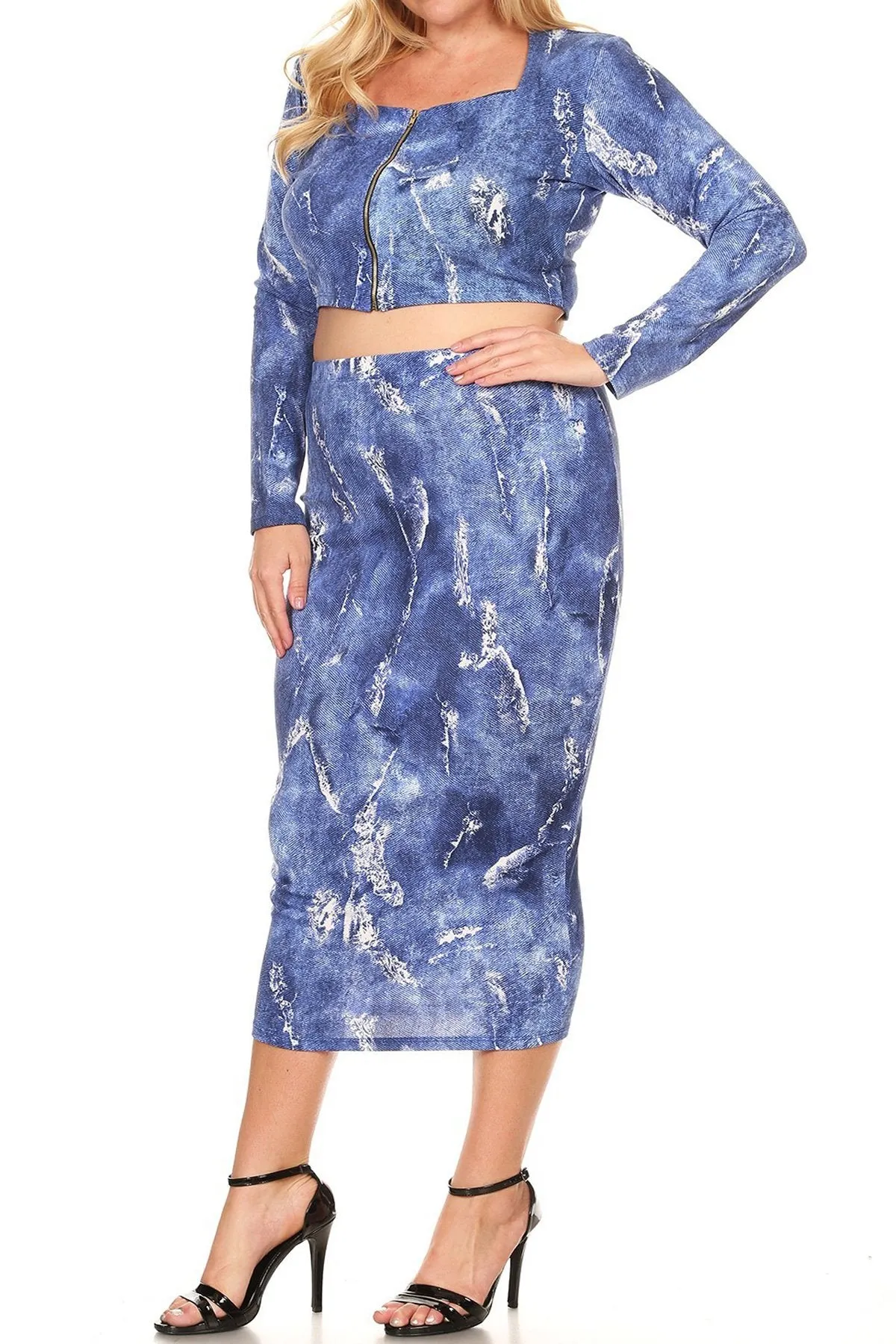 Plus Size Two Piece Zipper Back Denim Print Skirt Set
