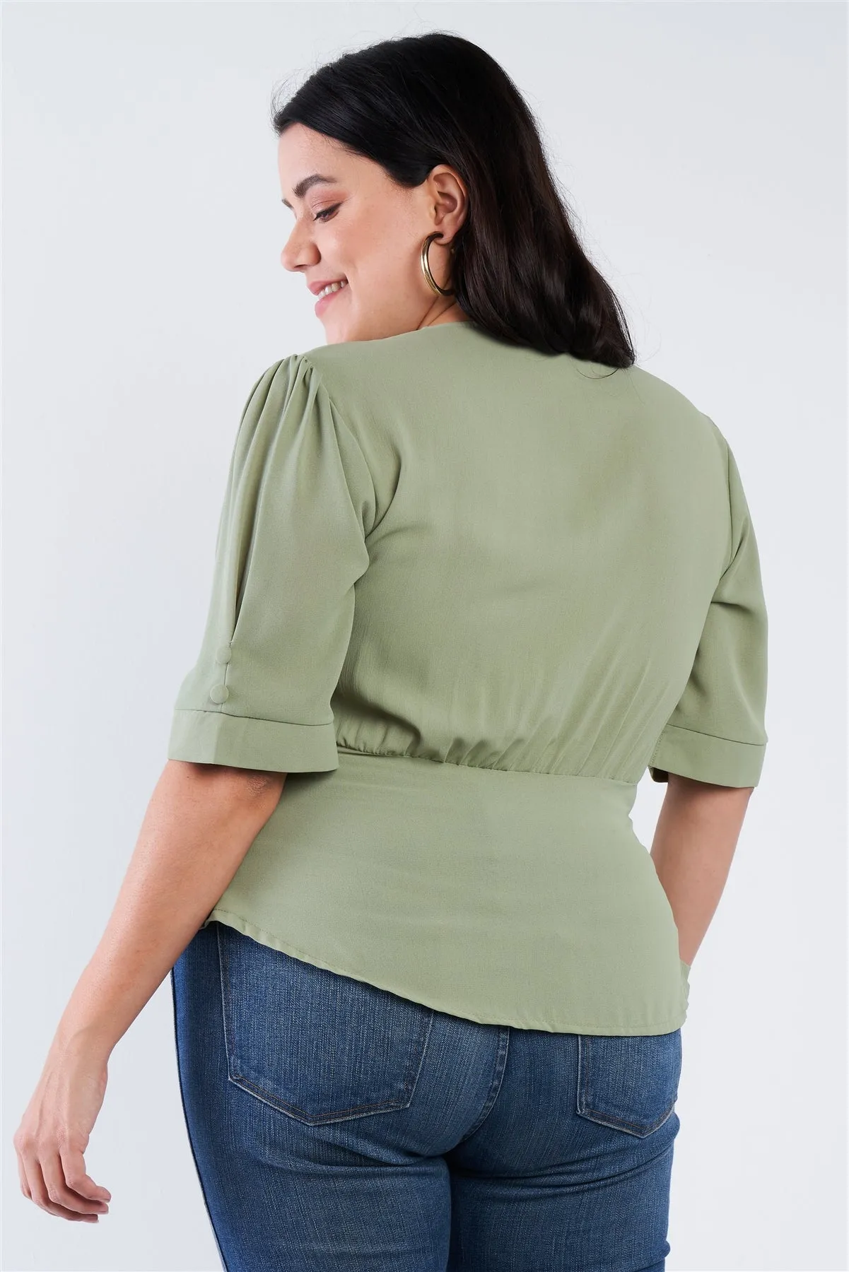 Plus Size V-neck Mock Side Button Peplum Top