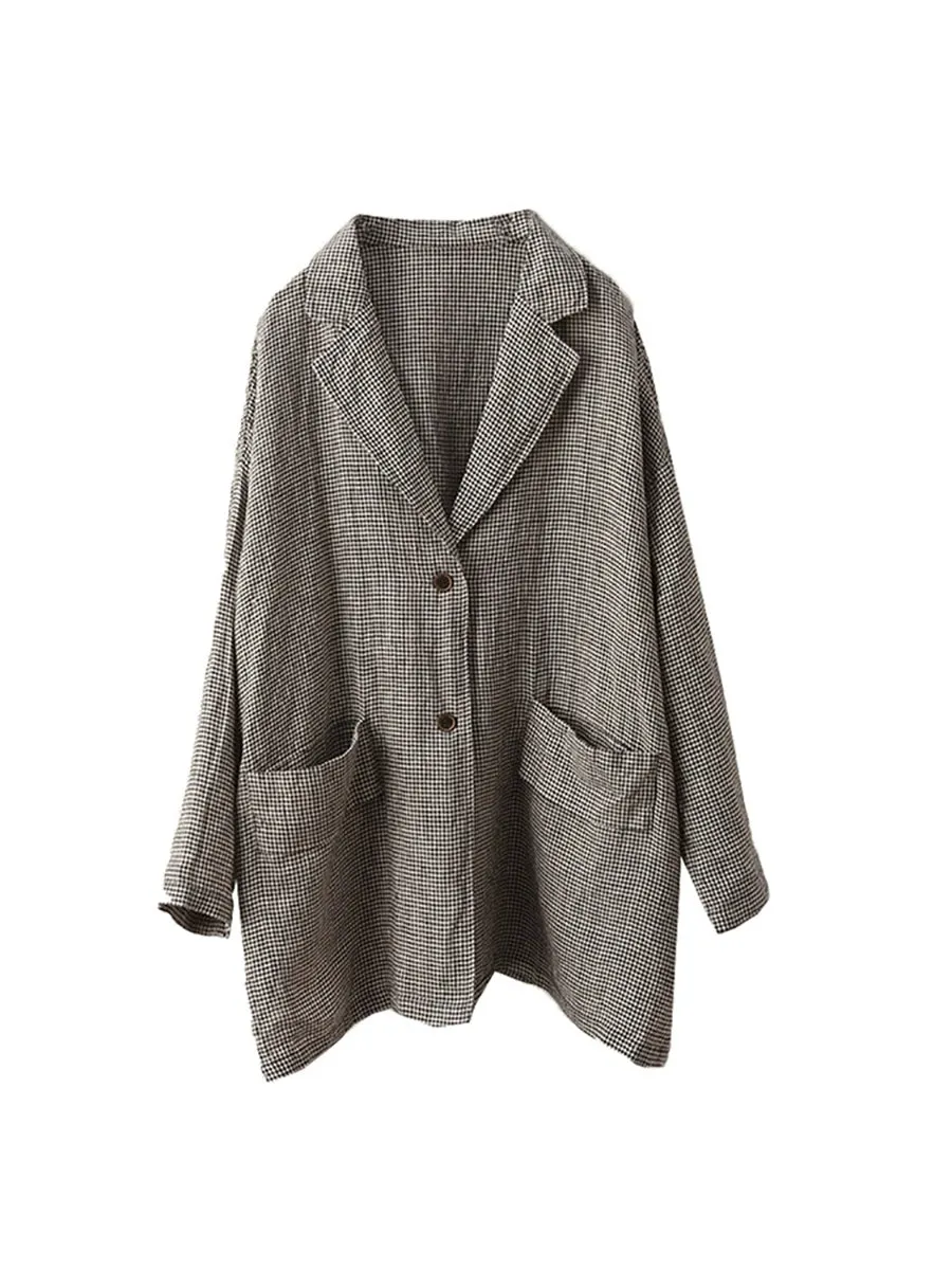 Plus Size Women Spring Vintage Lattice Turn-down Collar Linen Coat