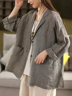 Plus Size Women Spring Vintage Lattice Turn-down Collar Linen Coat