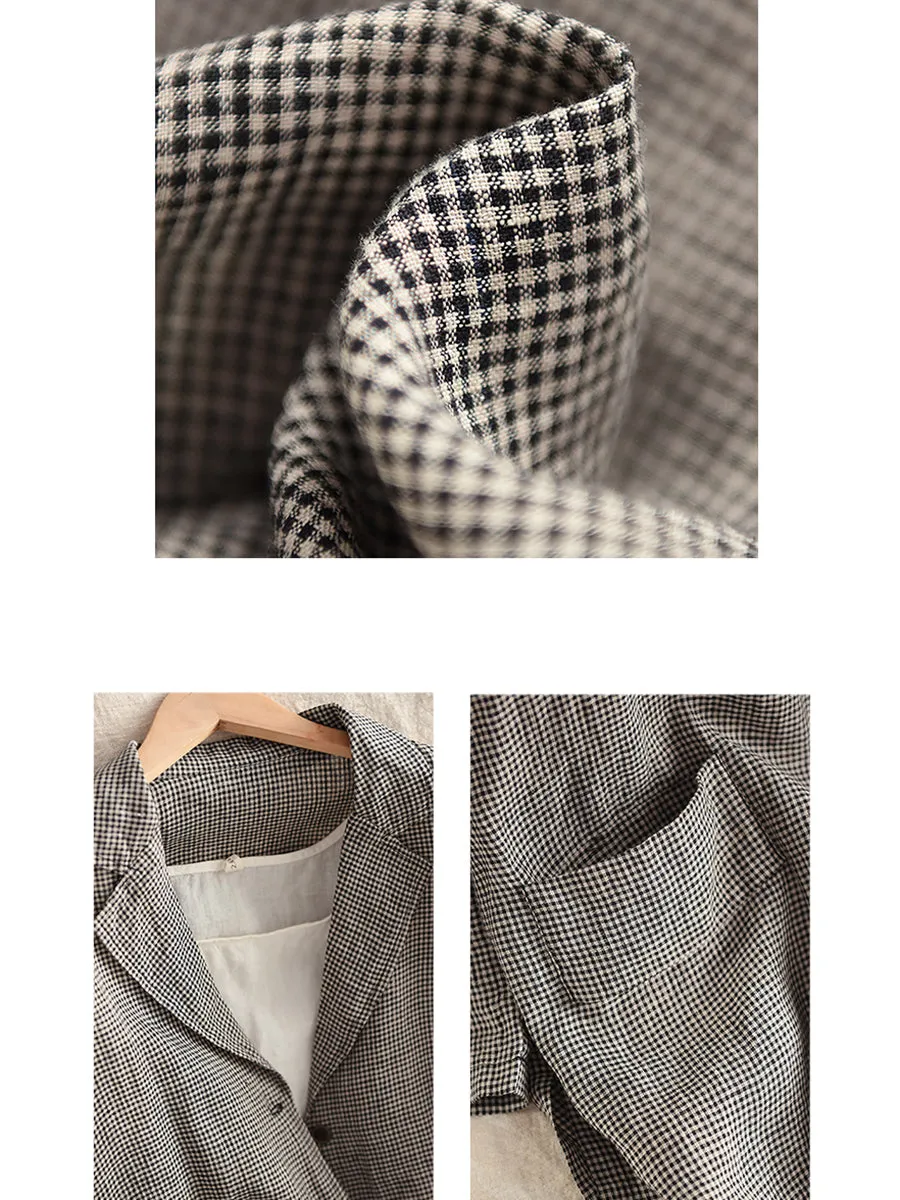 Plus Size Women Spring Vintage Lattice Turn-down Collar Linen Coat