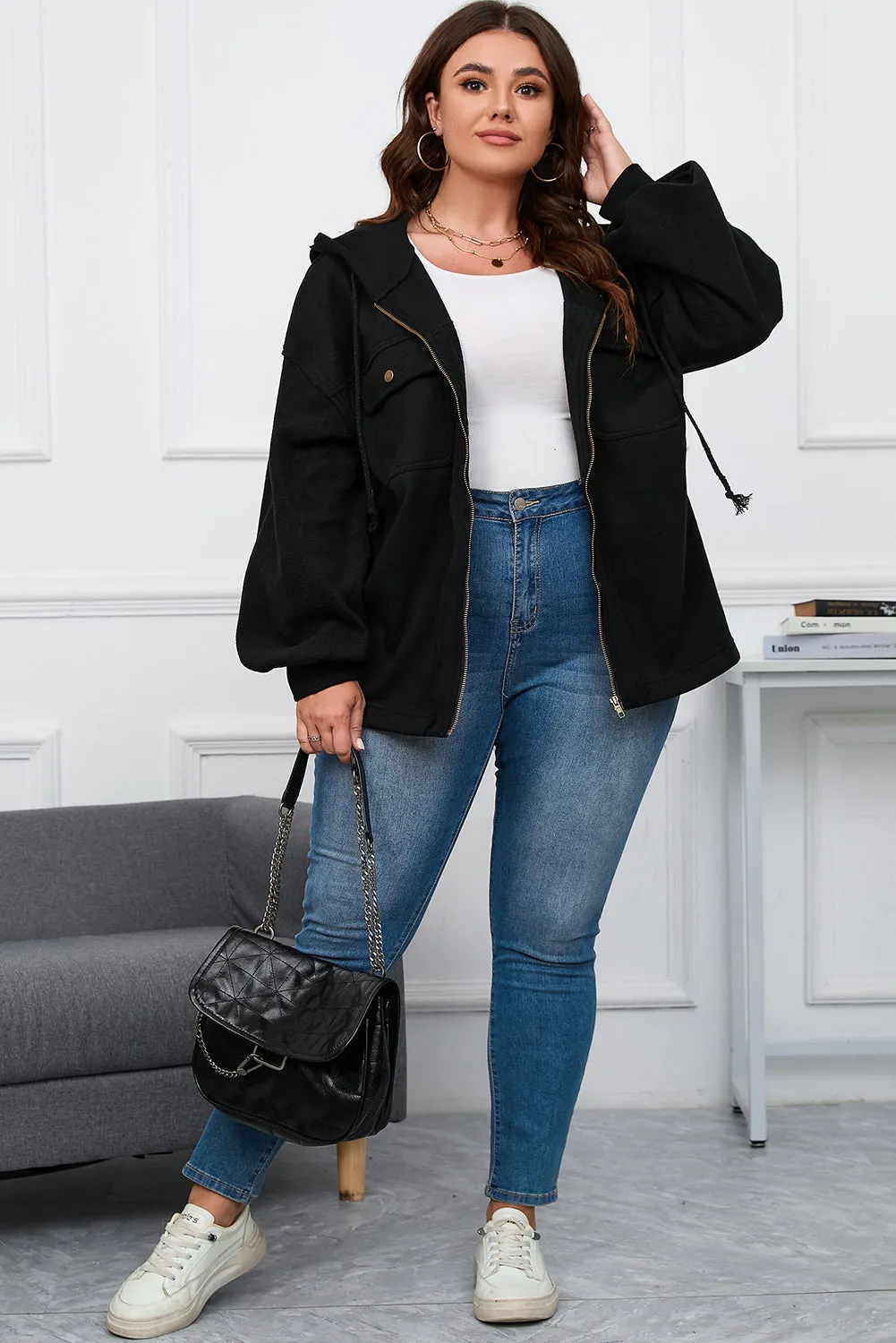 Plus Size Zip Up Hooded Jacket