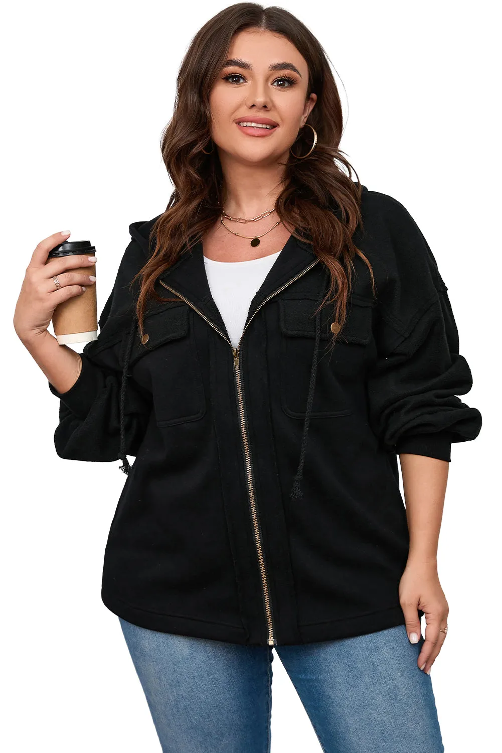 Plus Size Zip Up Hooded Jacket