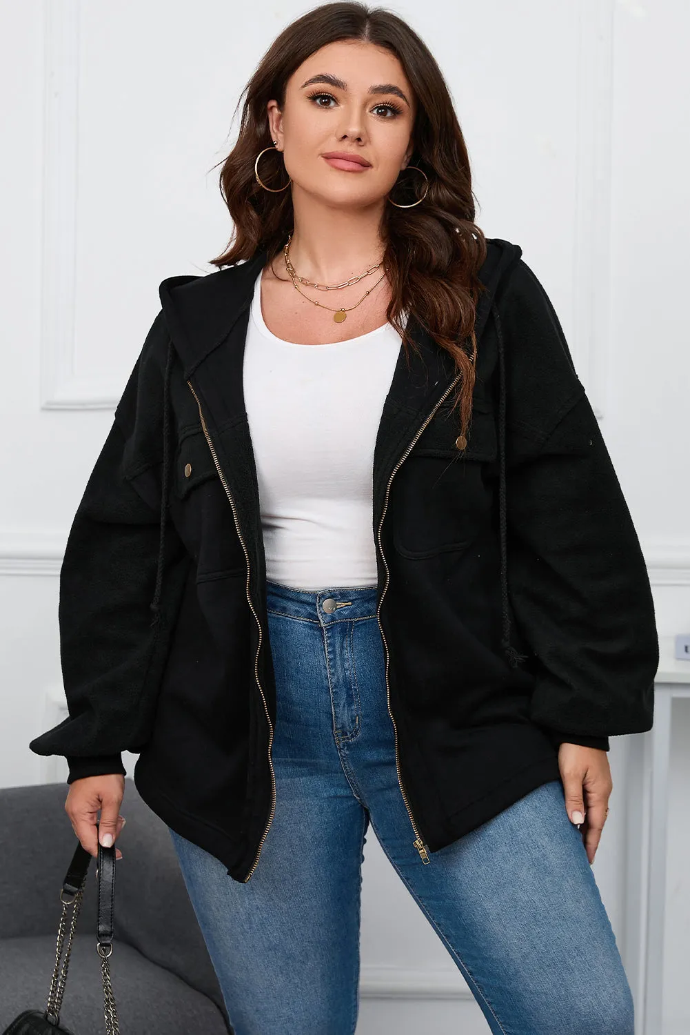 Plus Size Zip Up Hooded Jacket